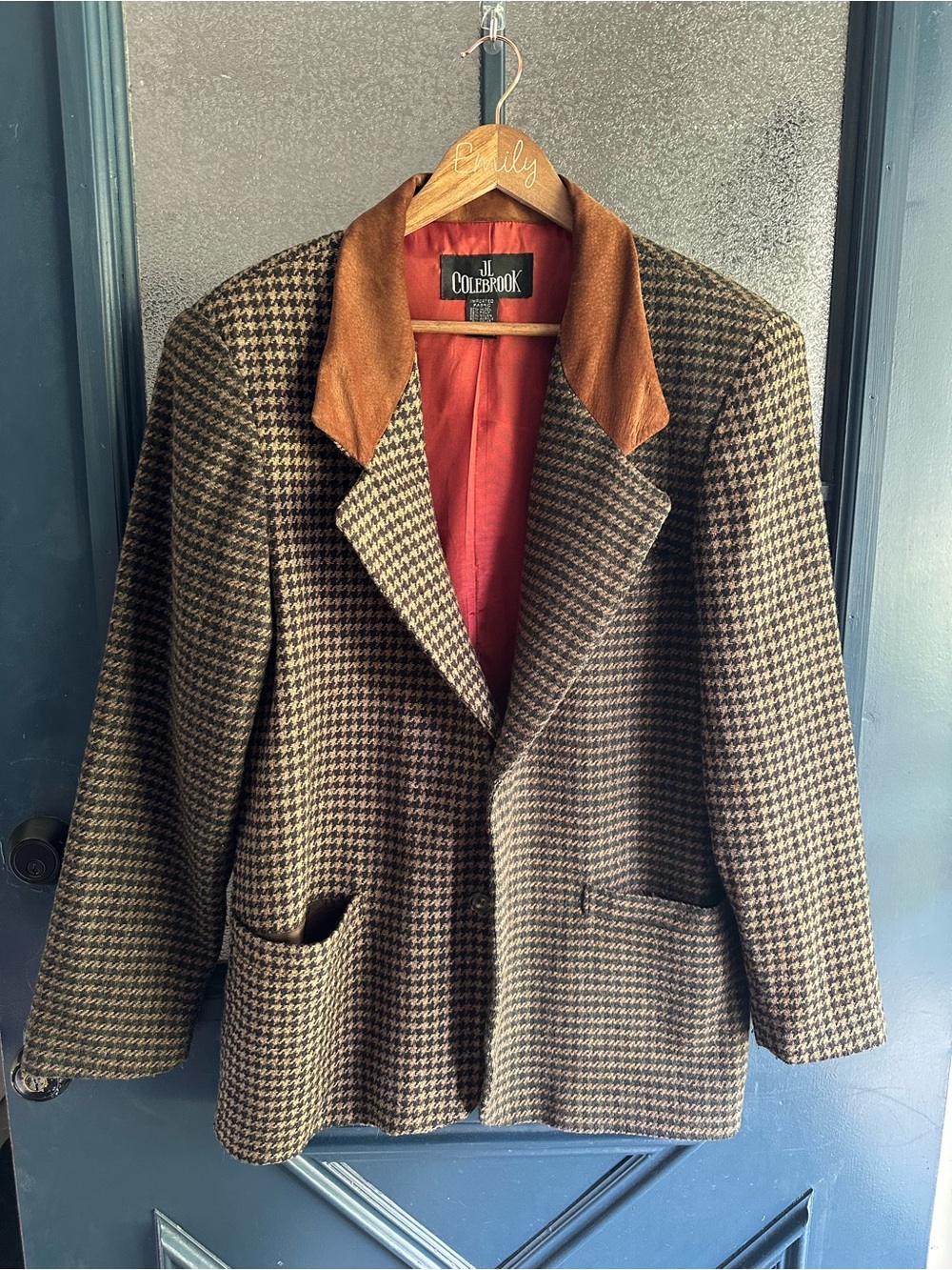 Vintage Brown Houndstooth Blazer with Suede Collar
